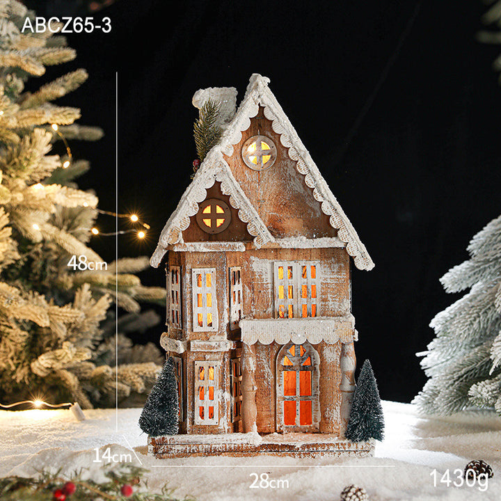 Illuminated wooden snow house in retro style