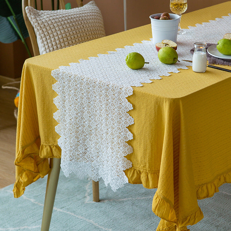Delicate lace runner in vintage Hardanger style for dining table and sideboard