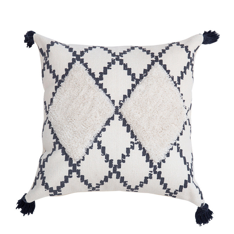 Decorative Boho cushion cover with hand-tufted diamond relief, tassels, and woven cotton blend Kalsten