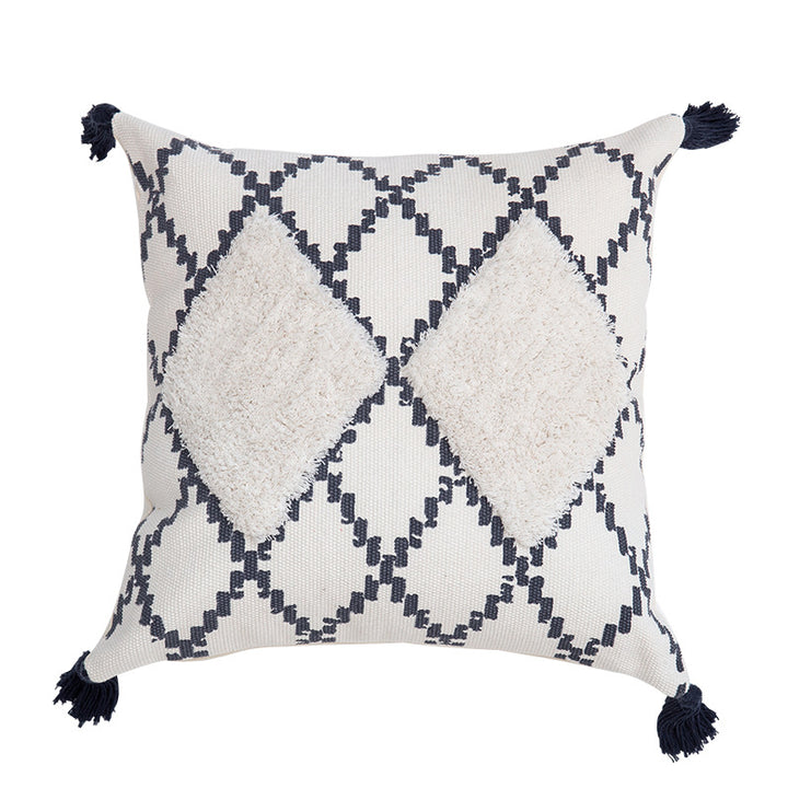 Decorative Boho cushion cover with hand-tufted diamond relief, tassels, and woven cotton blend Kalsten