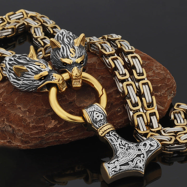 Stainless Steel Nordic Viking Wolf Thor's Hammer Men's Necklace