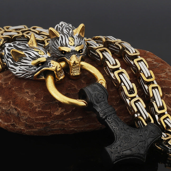 Stainless Steel Nordic Viking Wolf Thor's Hammer Men's Necklace