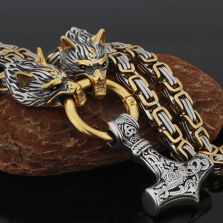 Stainless Steel Nordic Viking Wolf Thor's Hammer Men's Necklace