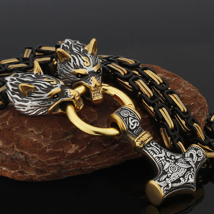 Stainless Steel Nordic Viking Wolf Thor's Hammer Men's Necklace