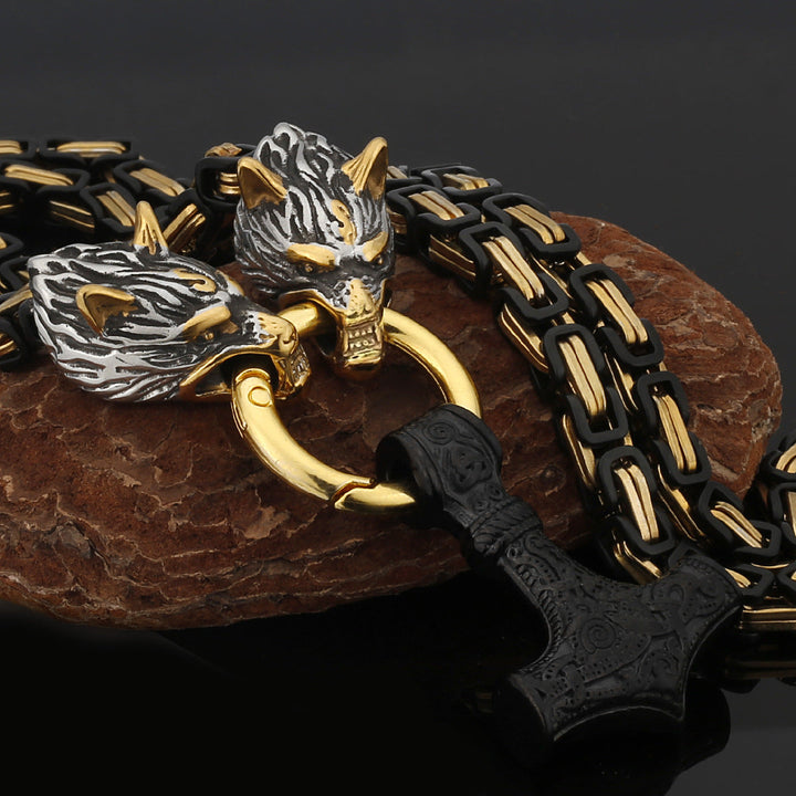 Stainless Steel Nordic Viking Wolf Thor's Hammer Men's Necklace