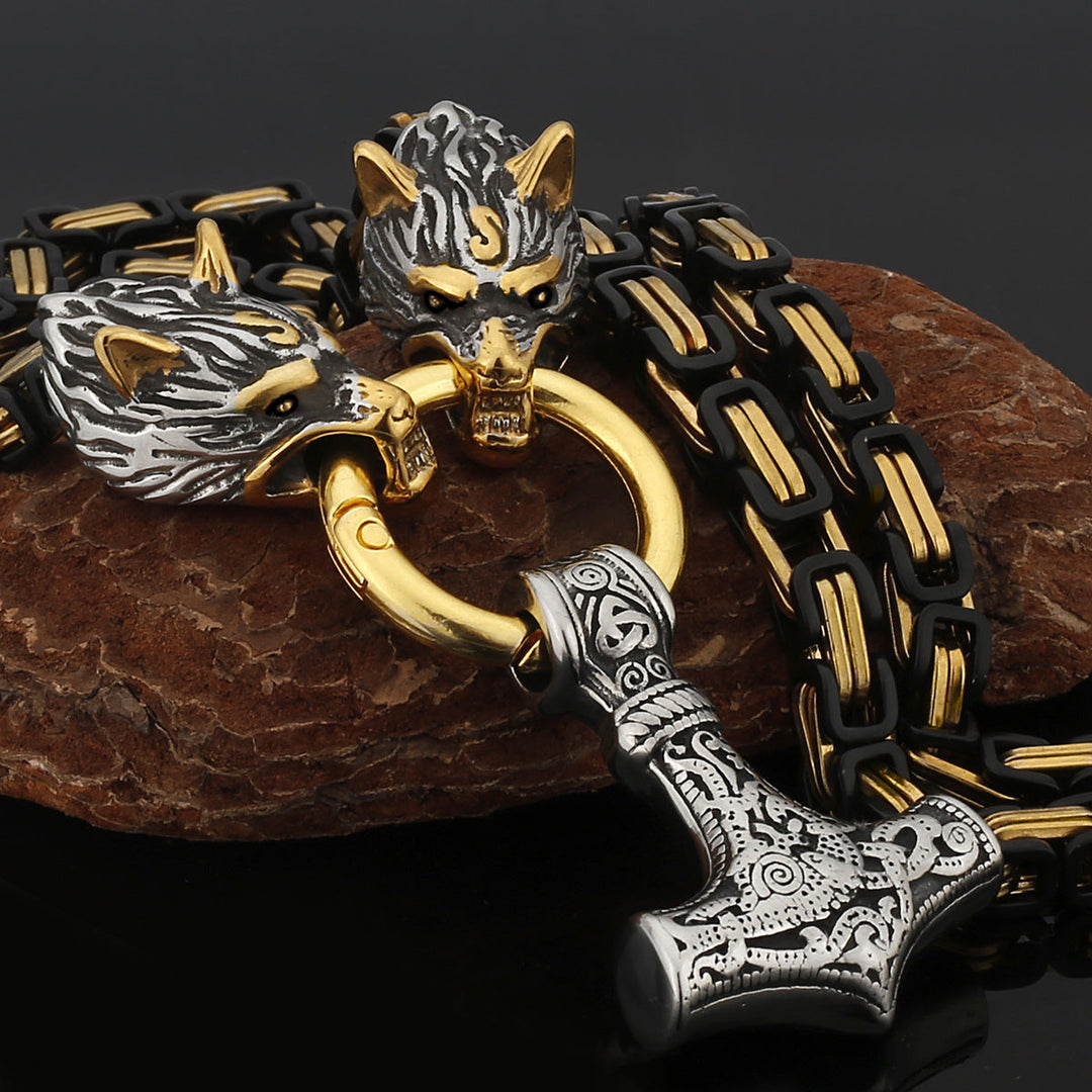 Stainless Steel Nordic Viking Wolf Thor's Hammer Men's Necklace