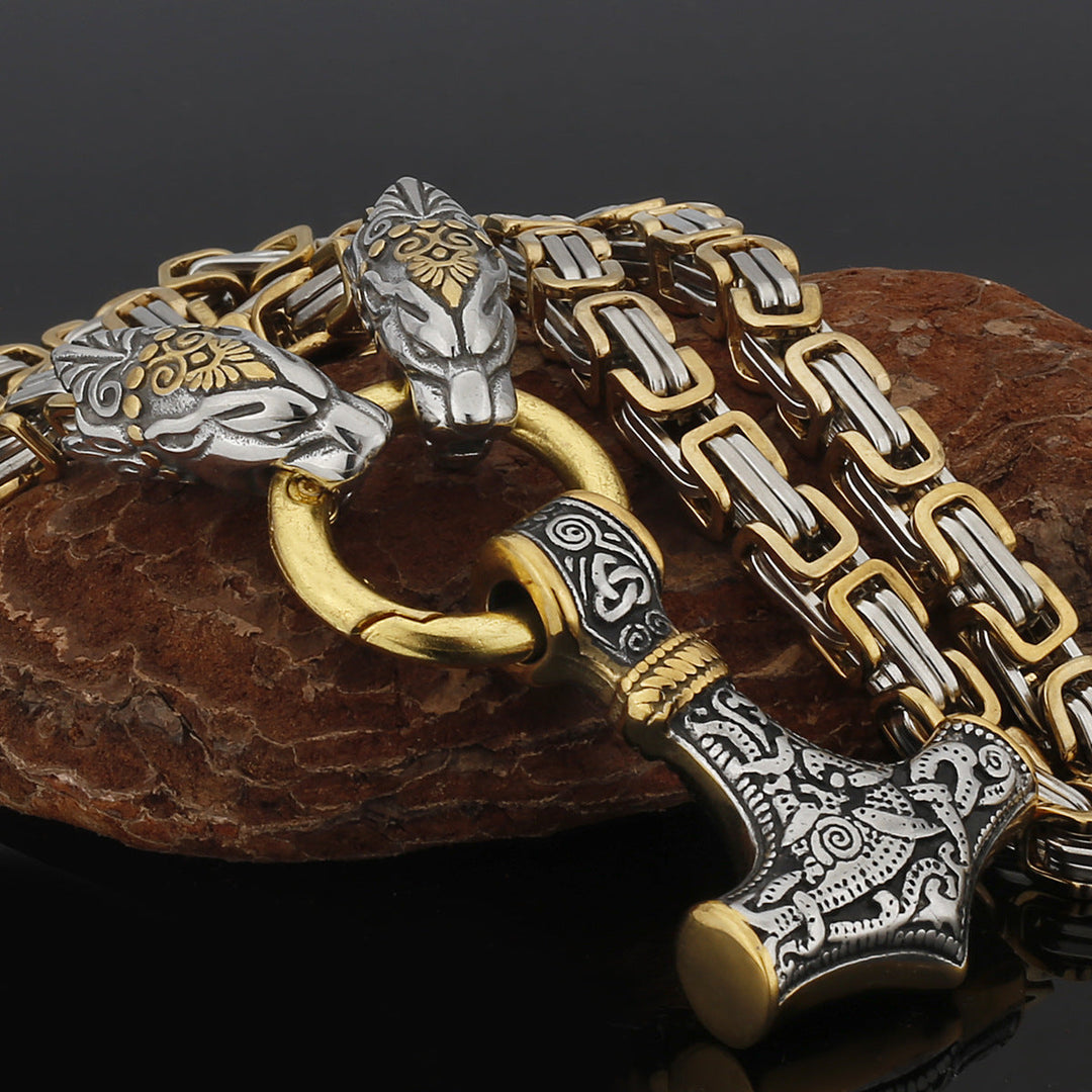 Stainless Steel Nordic Viking Wolf Thor's Hammer Men's Necklace