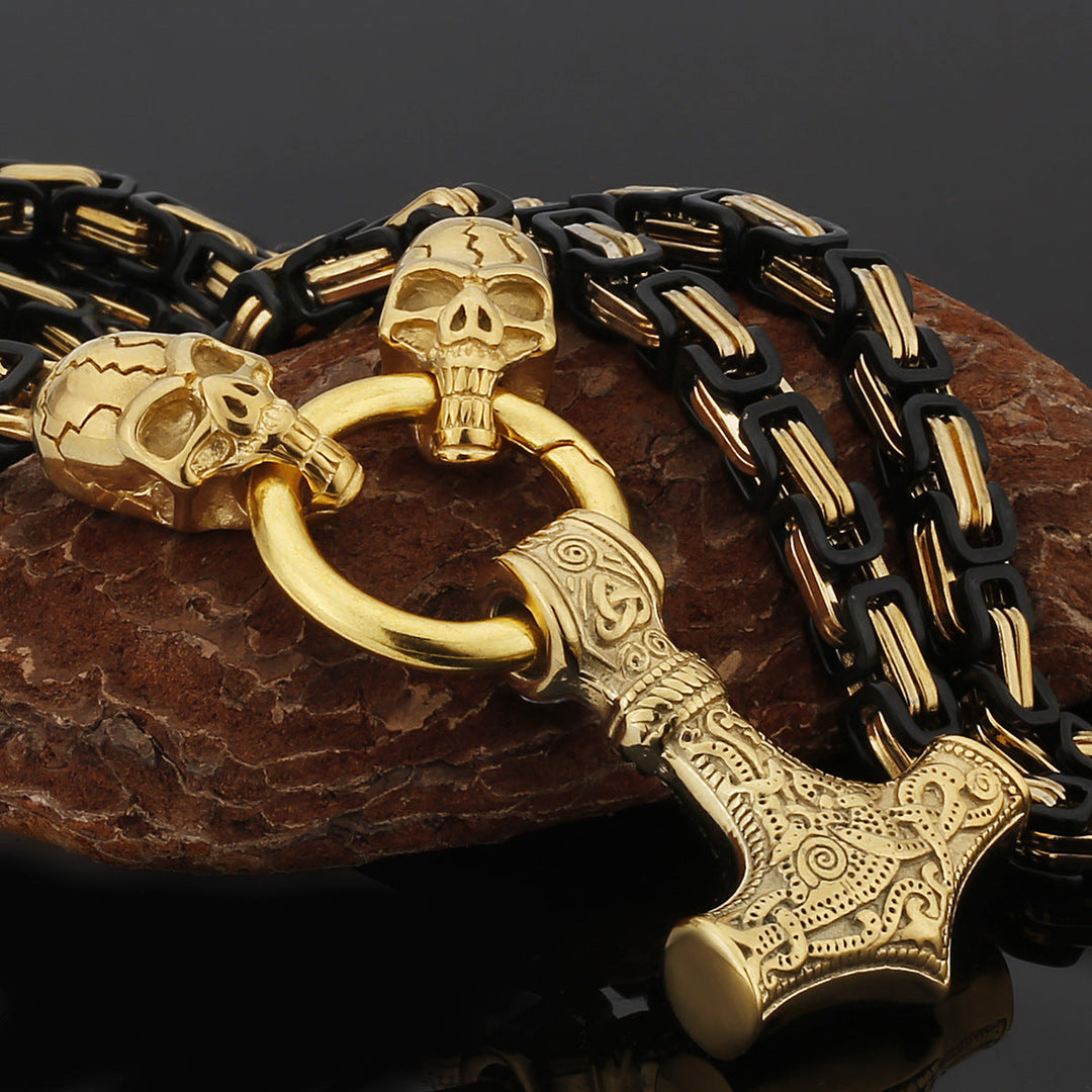 Stainless Steel Nordic Viking Wolf Thor's Hammer Men's Necklace