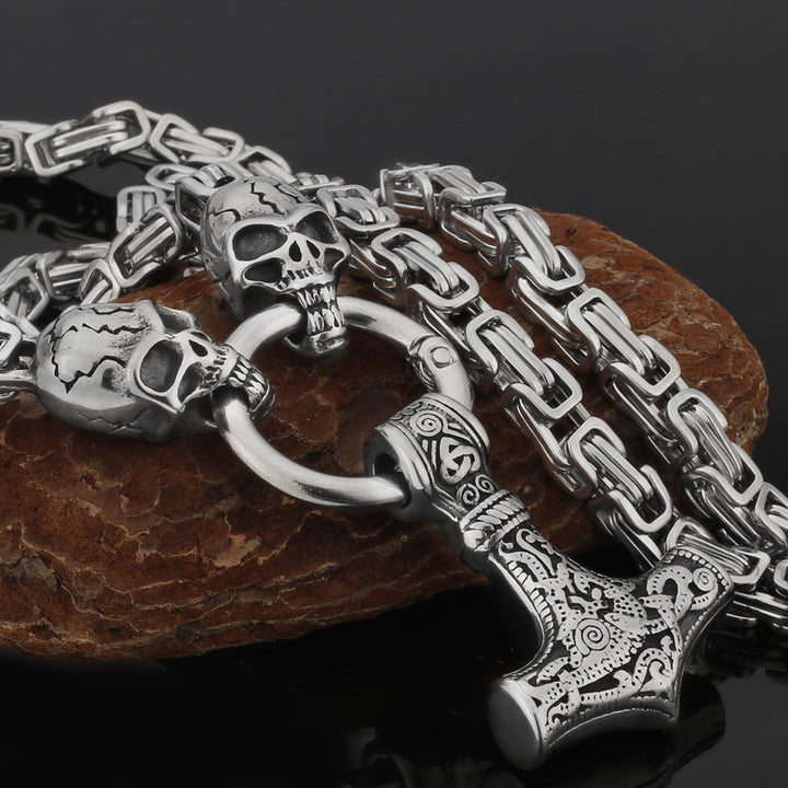 Stainless Steel Nordic Viking Wolf Thor's Hammer Men's Necklace