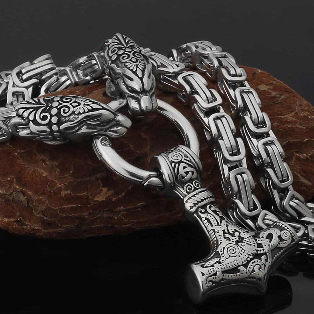 Stainless Steel Nordic Viking Wolf Thor's Hammer Men's Necklace
