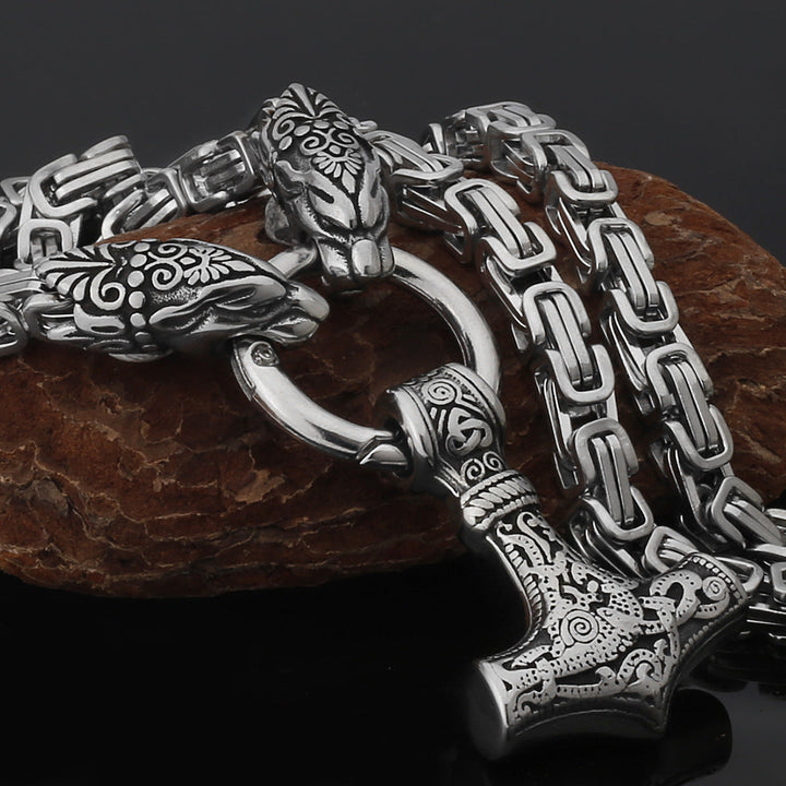 Stainless Steel Nordic Viking Wolf Thor's Hammer Men's Necklace