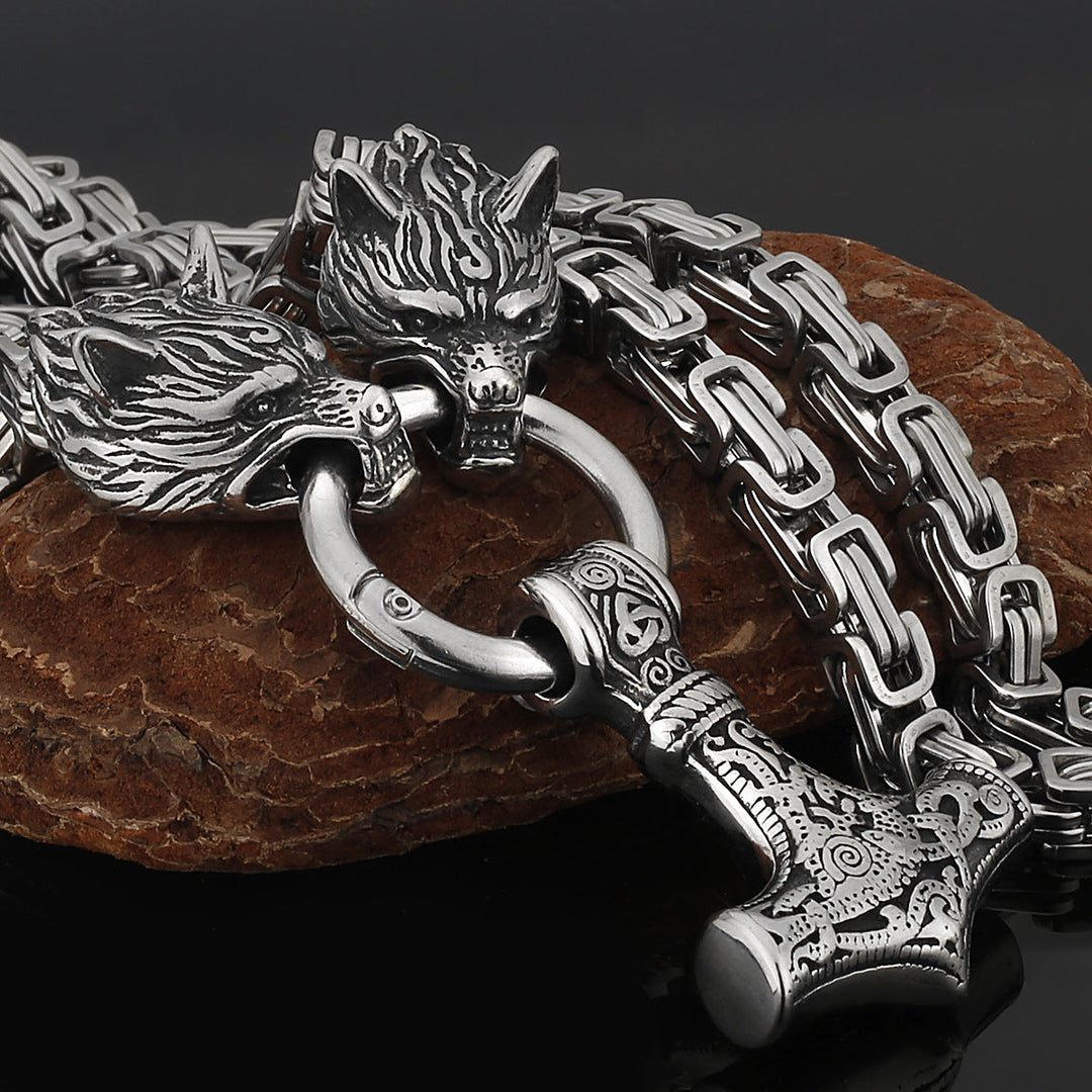 Stainless Steel Nordic Viking Wolf Thor's Hammer Men's Necklace