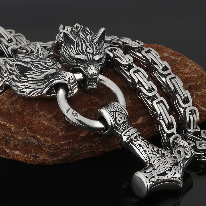 Stainless Steel Nordic Viking Wolf Thor's Hammer Men's Necklace