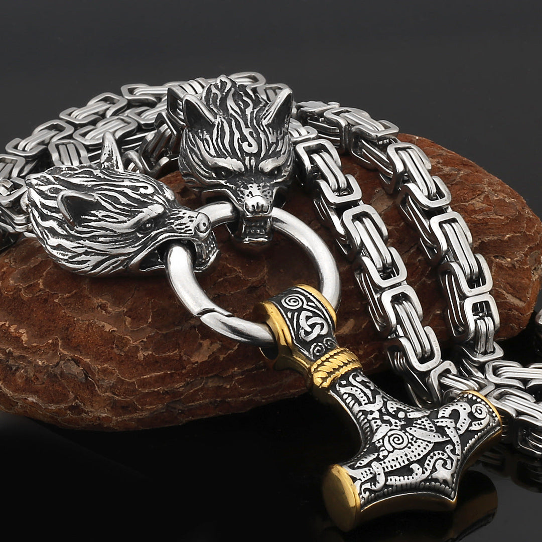 Stainless Steel Nordic Viking Wolf Thor's Hammer Men's Necklace