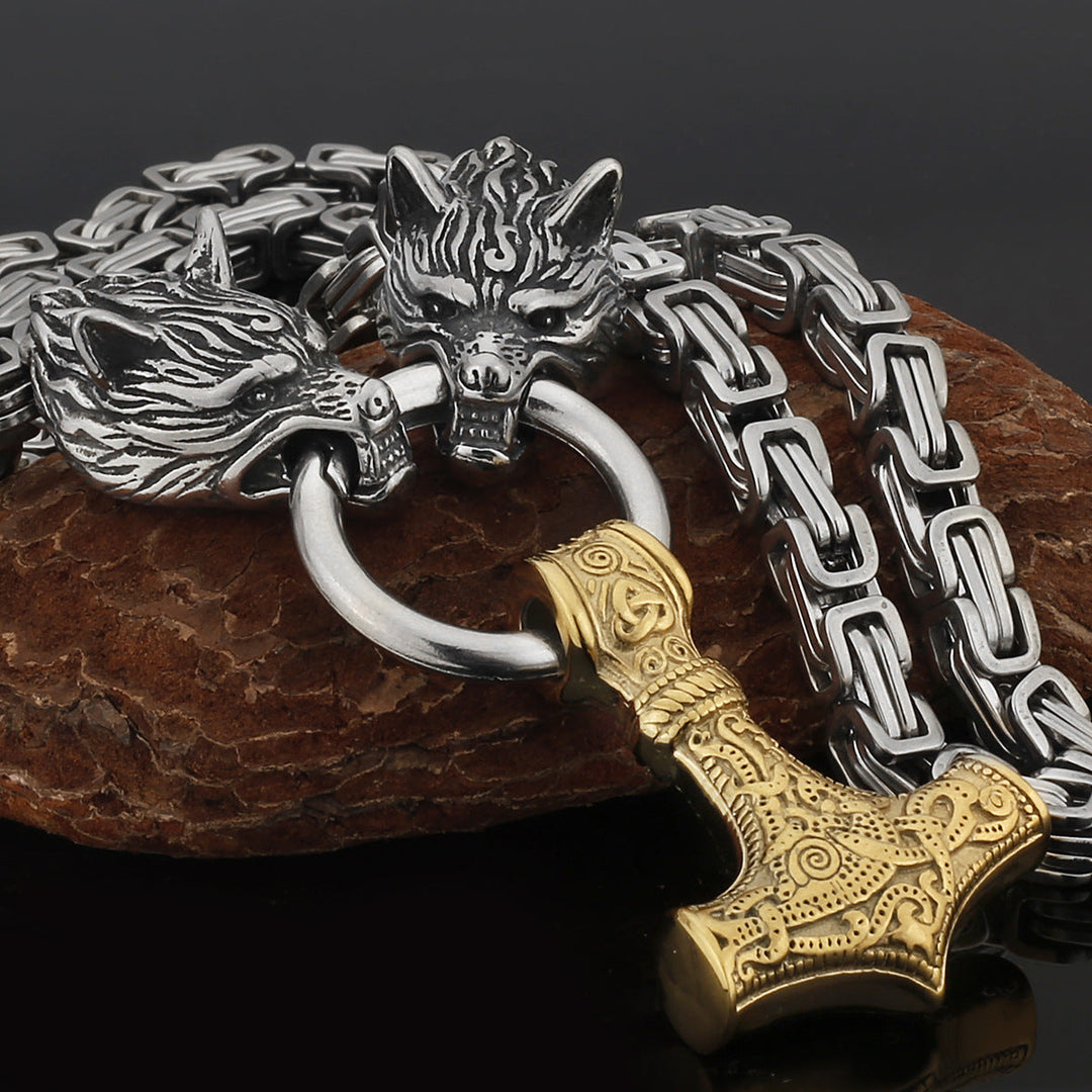 Stainless Steel Nordic Viking Wolf Thor's Hammer Men's Necklace