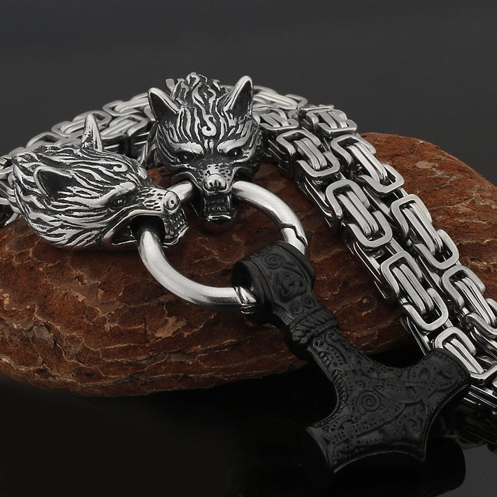 Stainless Steel Nordic Viking Wolf Thor's Hammer Men's Necklace