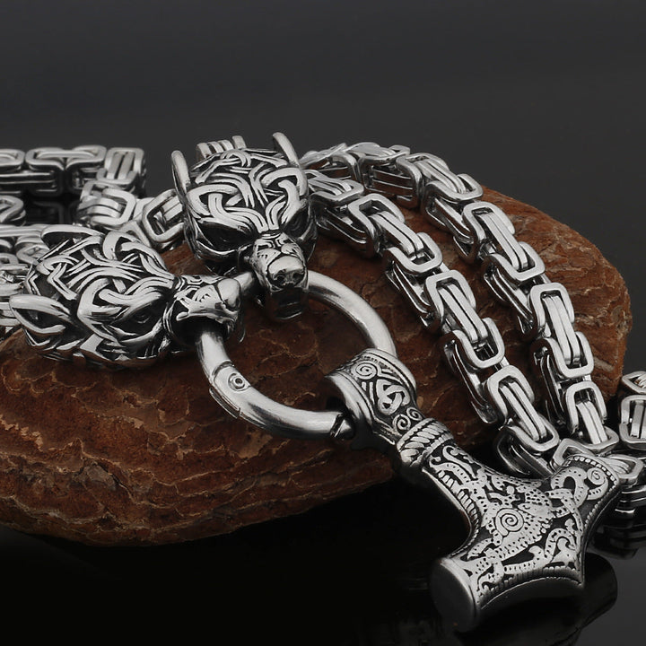 Stainless Steel Nordic Viking Wolf Thor's Hammer Men's Necklace