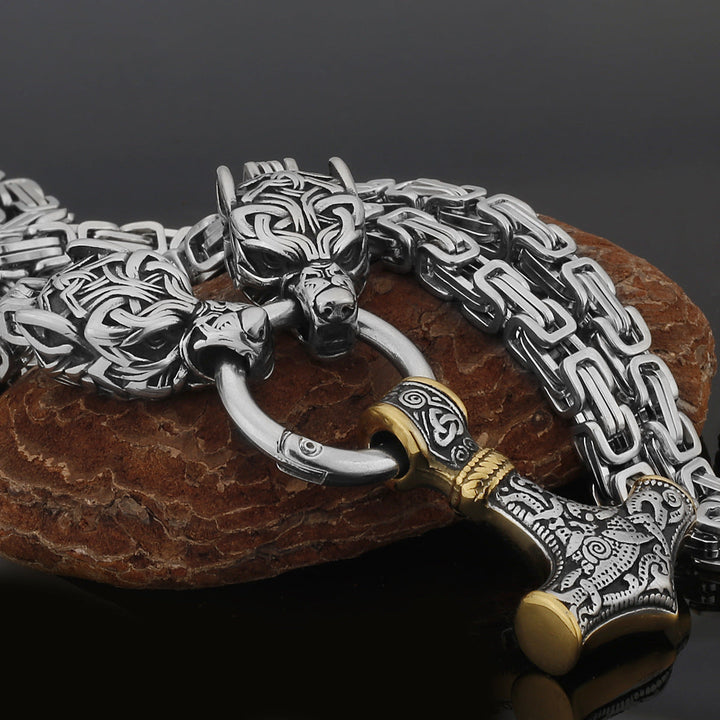 Stainless Steel Nordic Viking Wolf Thor's Hammer Men's Necklace