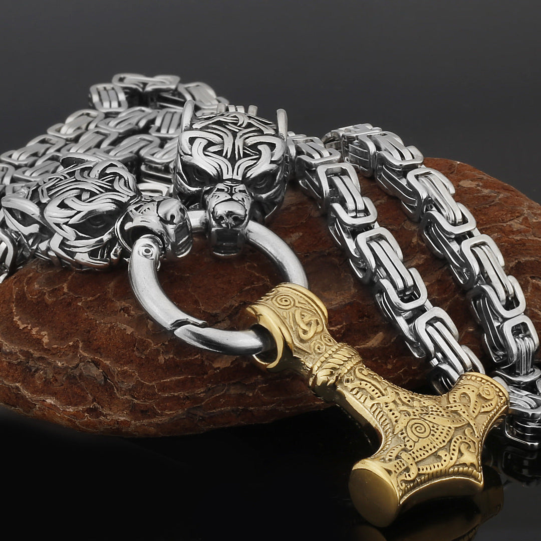 Stainless Steel Nordic Viking Wolf Thor's Hammer Men's Necklace