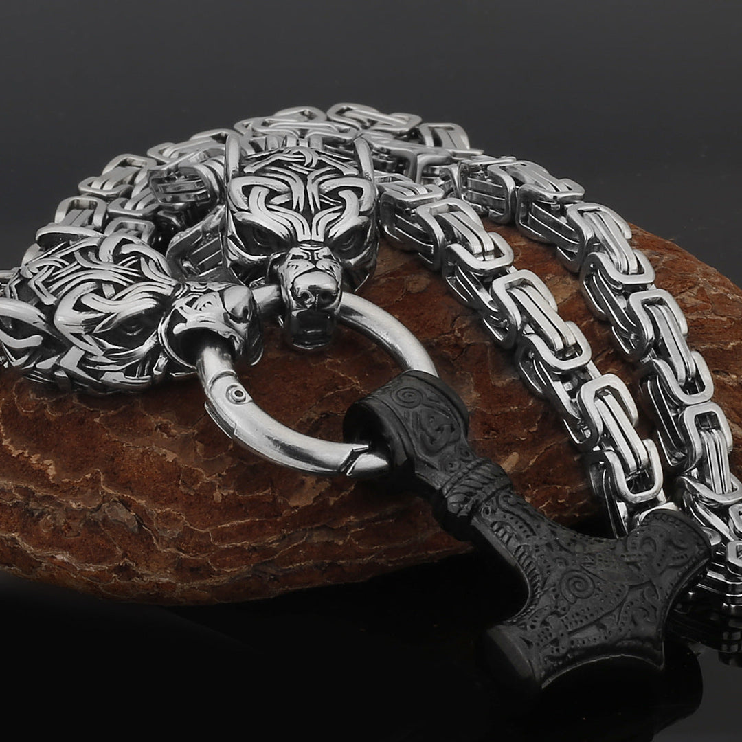 Stainless Steel Nordic Viking Wolf Thor's Hammer Men's Necklace