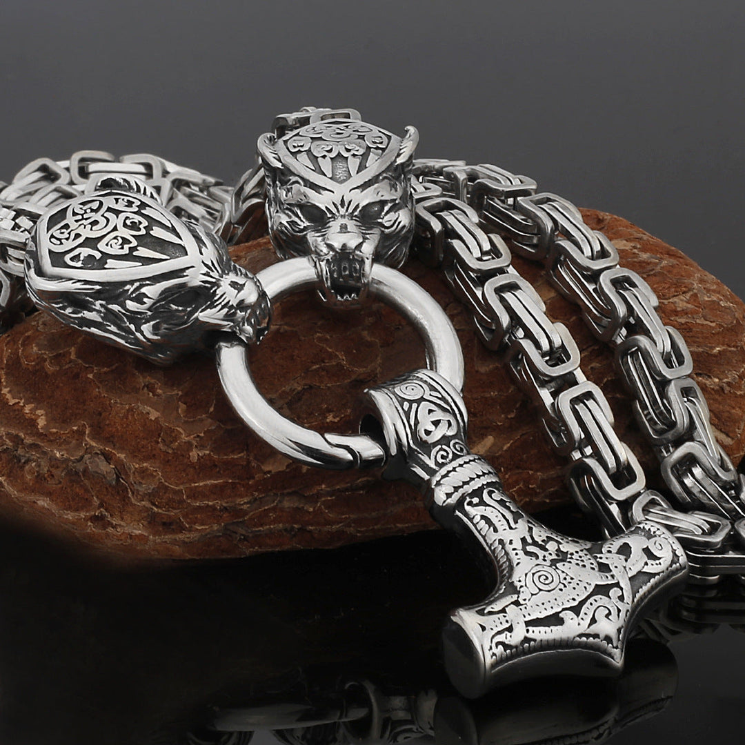 Stainless Steel Nordic Viking Wolf Thor's Hammer Men's Necklace