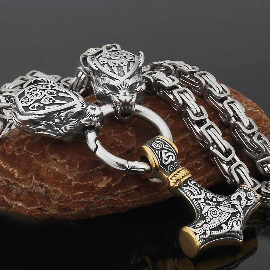 Stainless Steel Nordic Viking Wolf Thor's Hammer Men's Necklace
