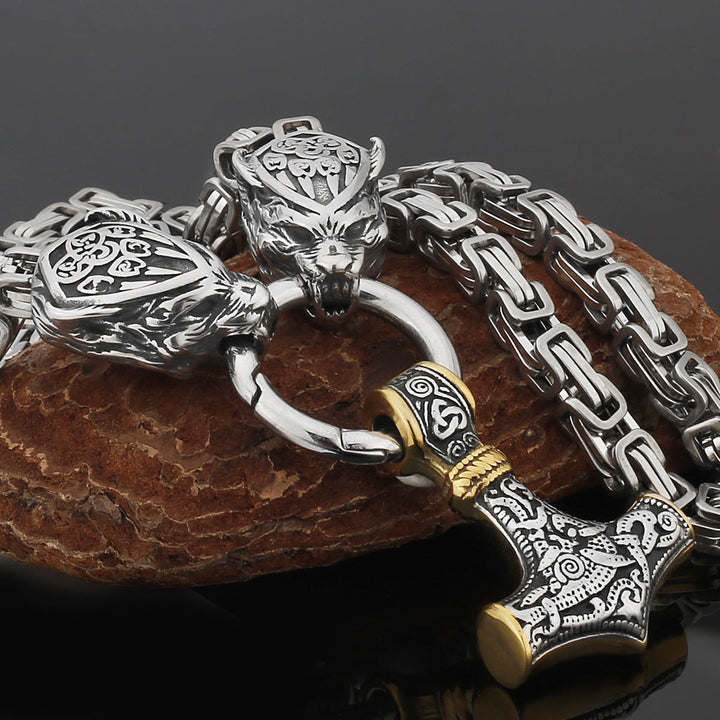Stainless Steel Nordic Viking Wolf Thor's Hammer Men's Necklace