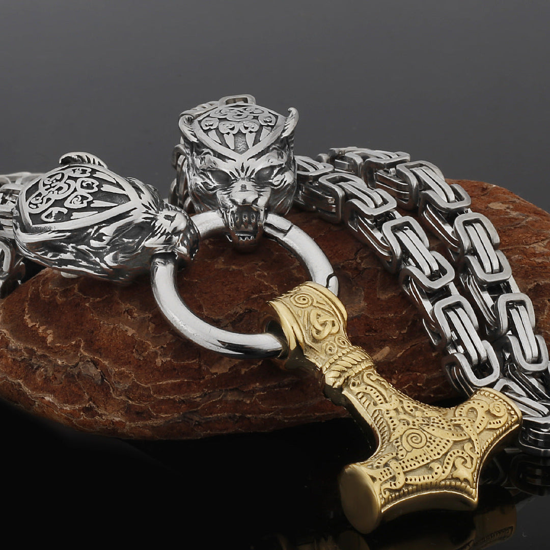 Stainless Steel Nordic Viking Wolf Thor's Hammer Men's Necklace