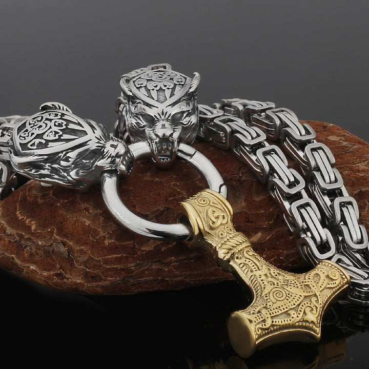 Stainless Steel Nordic Viking Wolf Thor's Hammer Men's Necklace