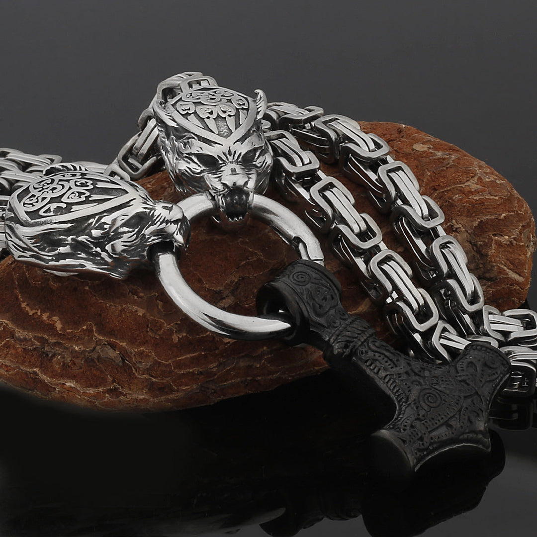 Stainless Steel Nordic Viking Wolf Thor's Hammer Men's Necklace