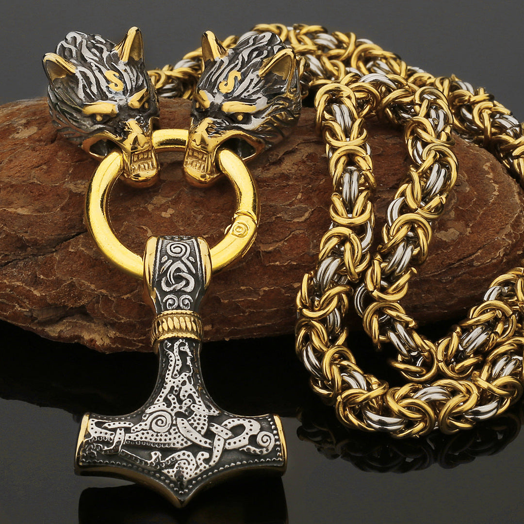 Stainless Steel Nordic Viking Wolf Thor's Hammer Men's Necklace