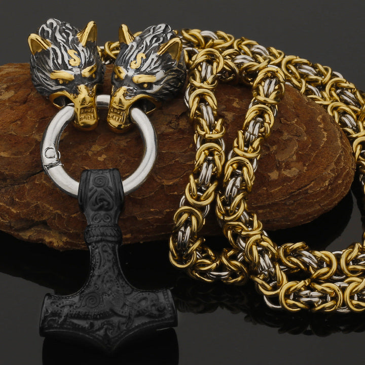 Stainless Steel Nordic Viking Wolf Thor's Hammer Men's Necklace