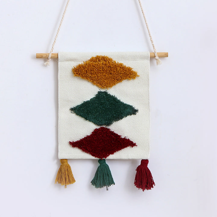 Mini wall tapestry set in boho style with relief tufting and wooden rod holder