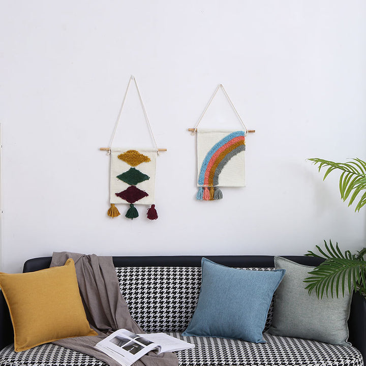 Mini wall tapestry set in boho style with relief tufting and wooden rod holder