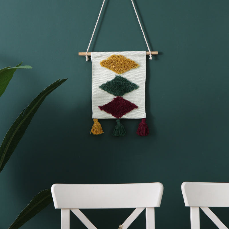 Mini wall tapestry set in boho style with relief tufting and wooden rod holder