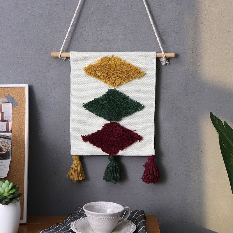 Mini wall tapestry set in boho style with relief tufting and wooden rod holder