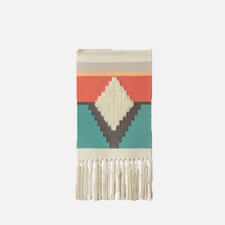 Decorative wall tapestry made of cotton with geometric ethnic pattern and tassels