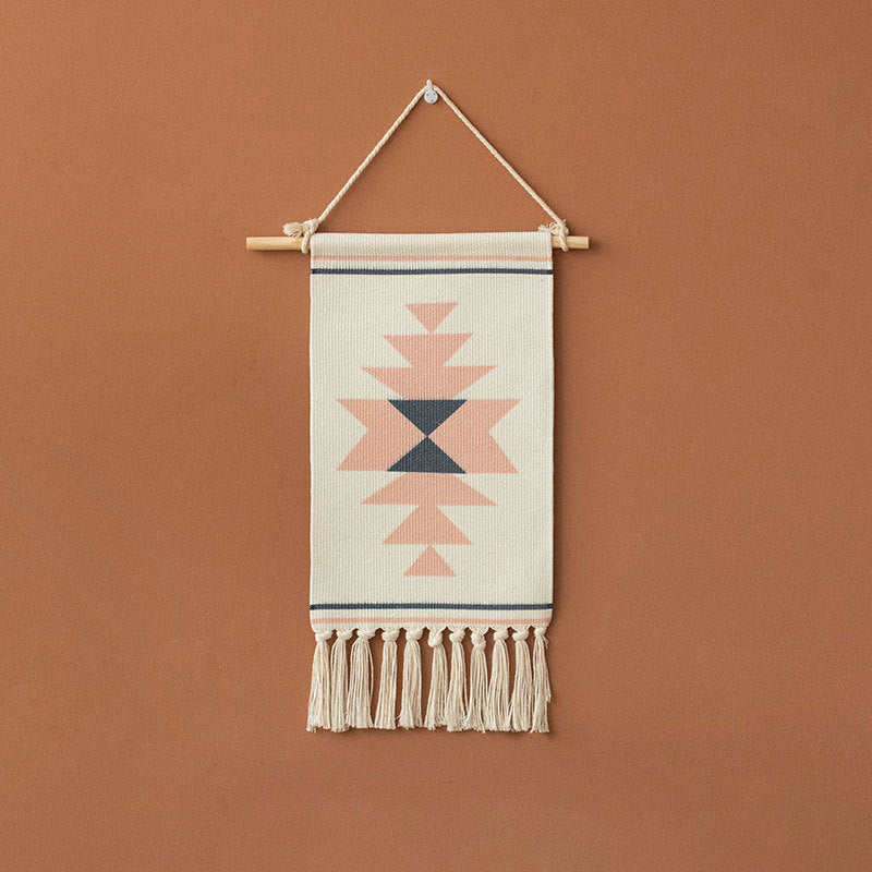 Decorative wall tapestry made of cotton with geometric ethnic pattern and tassels