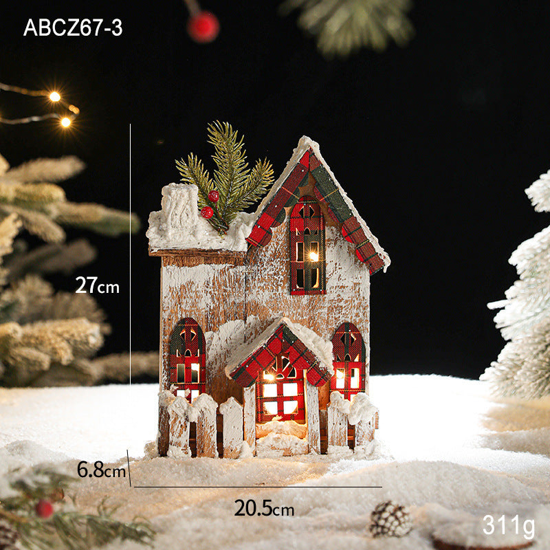 Illuminated wooden snow house in retro style