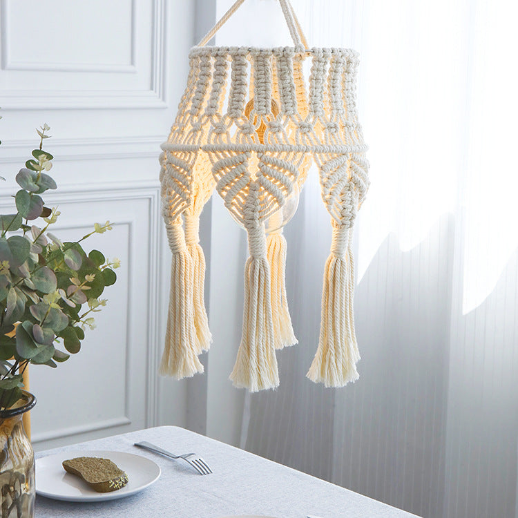 Macramé pendant light with hand-knotted cotton shade and decorative fringes Kalsten