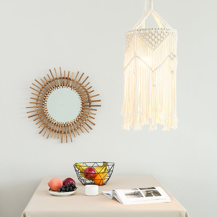 Macramé pendant light with hand-knotted cotton shade and decorative fringes Kalsten