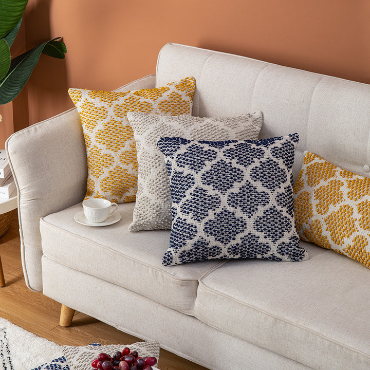 Decorative square cushion cover made of cotton-linen with tufted stripes and bouclé accents