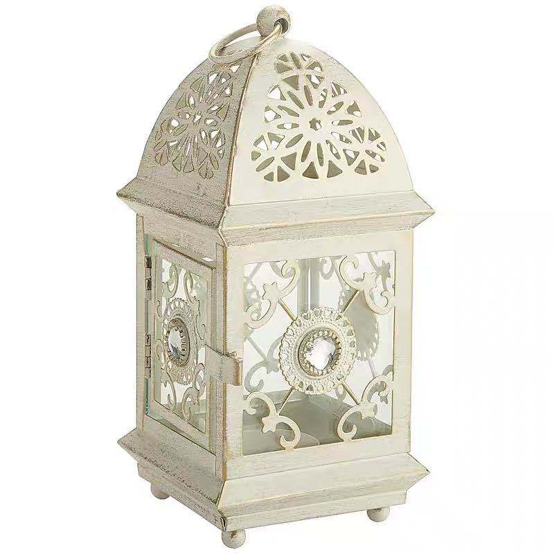 Antique-Style Decorative Metal Glass Candle Lantern with Filigree Cutouts and Hanging Ring Kalsten