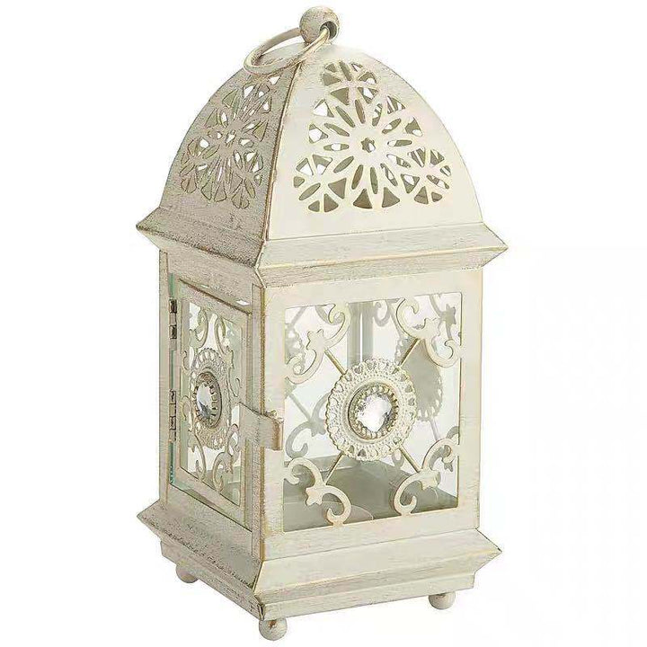 Antique-Style Decorative Metal Glass Candle Lantern with Filigree Cutouts and Hanging Ring Kalsten