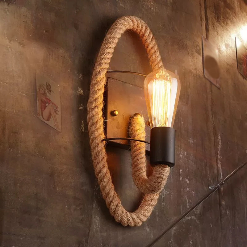 Kalsten | Single rope wrapped wall light farmhouse brown oval/round dining room wall mounted light with open lamp design