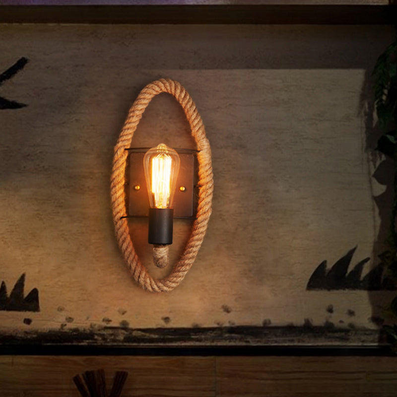 Kalsten | Single rope wrapped wall light farmhouse brown oval/round dining room wall mounted light with open lamp design