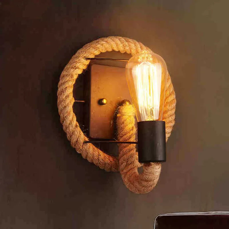 Kalsten | Single rope wrapped wall light farmhouse brown oval/round dining room wall mounted light with open lamp design