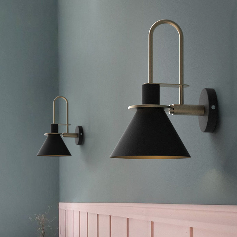 Black/White/Green Cone Wall Lamp Macaron 1-Light Metal Wall Mounted Light with Arched Arm for Bedroom, Warm/White Light | Kalsten