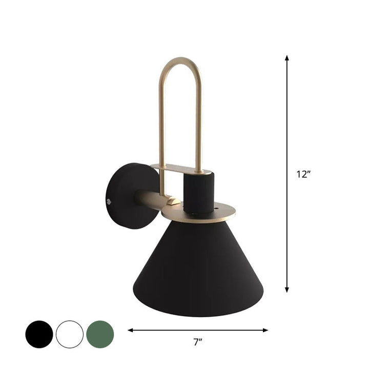 Black/White/Green Cone Wall Lamp Macaron 1-Light Metal Wall Mounted Light with Arched Arm for Bedroom, Warm/White Light | Kalsten