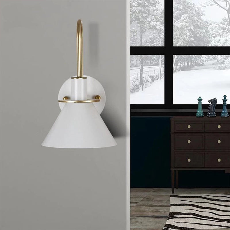 Black/White/Green Cone Wall Lamp Macaron 1-Light Metal Wall Mounted Light with Arched Arm for Bedroom, Warm/White Light | Kalsten